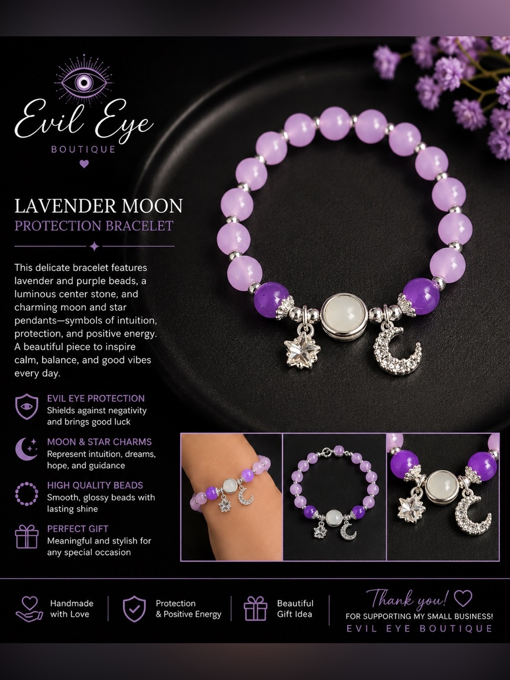 Lavender Moon Bracelet - Lavender & Purple Beads